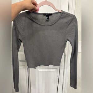 Forever 21 Gray Ribbed Long-Sleeve Crop Top with Side Ties